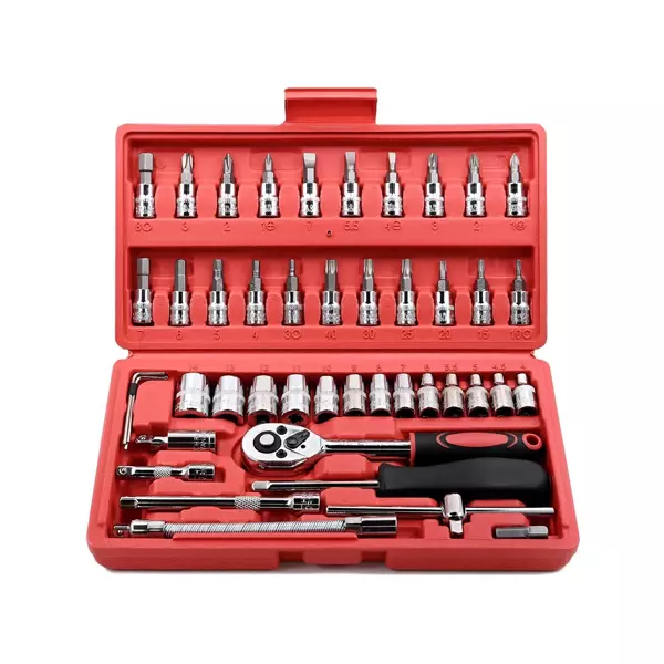 Jogo de Soquete Kit com 46 peças Ferramentas Chave Catraca Conjunto de Soquetes Métricos Sextavadas Chave Allen Torx e Barra de Extensão Reparos Automotivos e Domésticos Premium